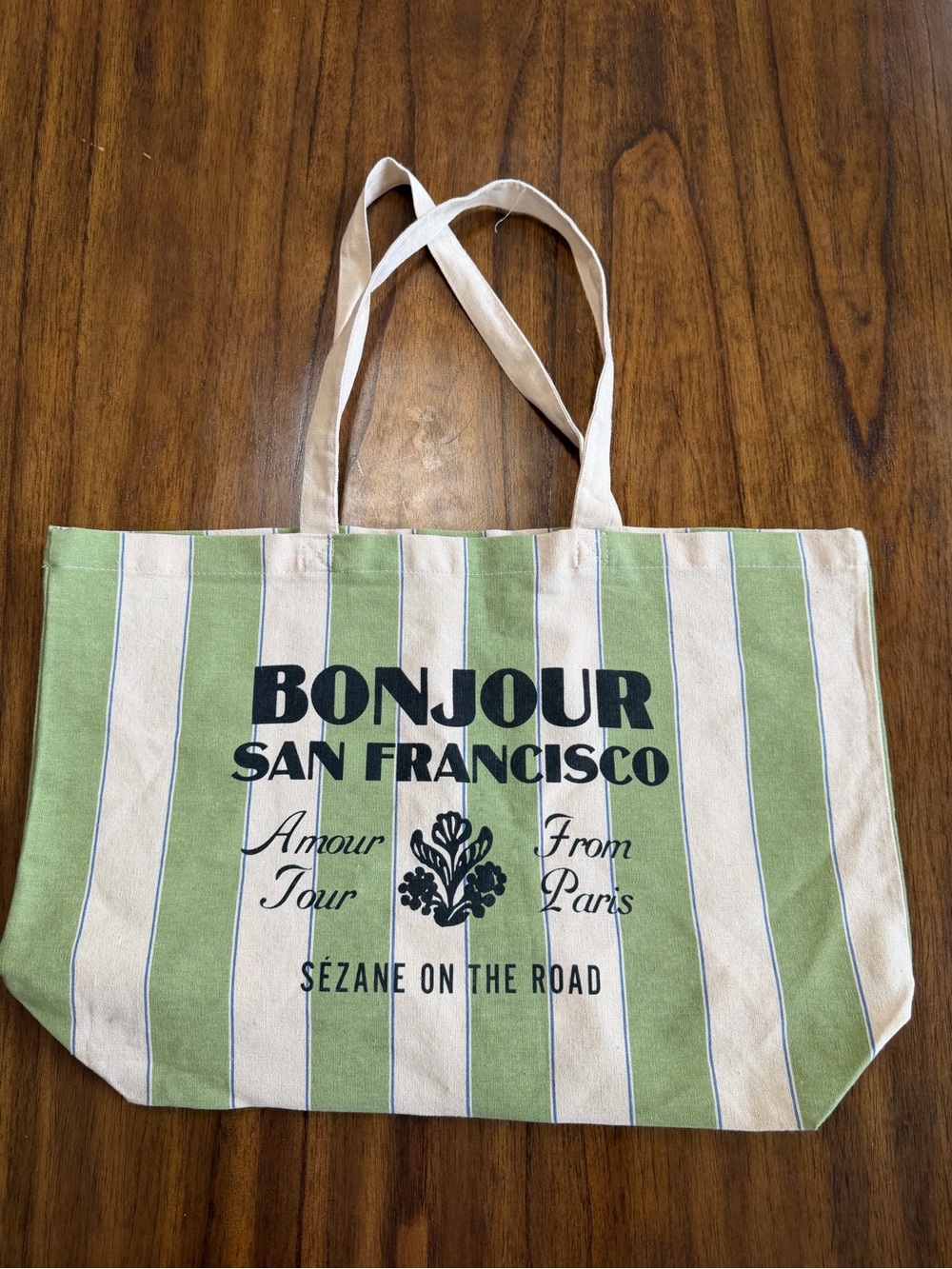 Sezane Bonjour San Francisco Amour Tour Green Stripe Recycled Cotton Tote Bag
